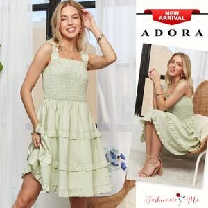 ADORA Striped Print Smocked Ruffled Detail Wide Strap Babydoll Mini Dress | Sage